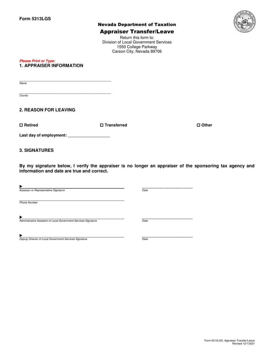 Form 5313LGS Appraiser Transfer / Leave - Nevada, Page 1