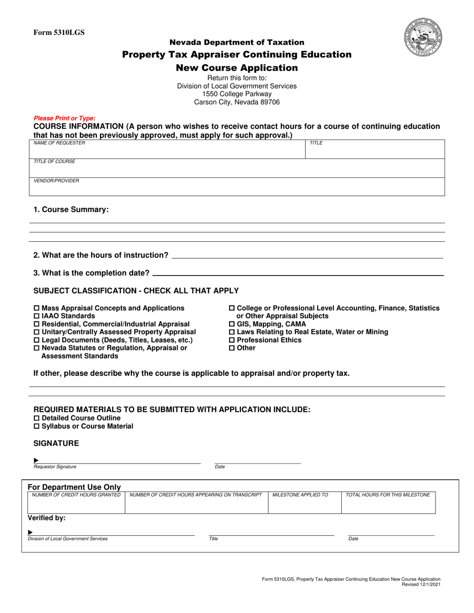 Form 5310LGS Property Tax Appraiser Continuing Education New Course Application - Nevada, Page 1