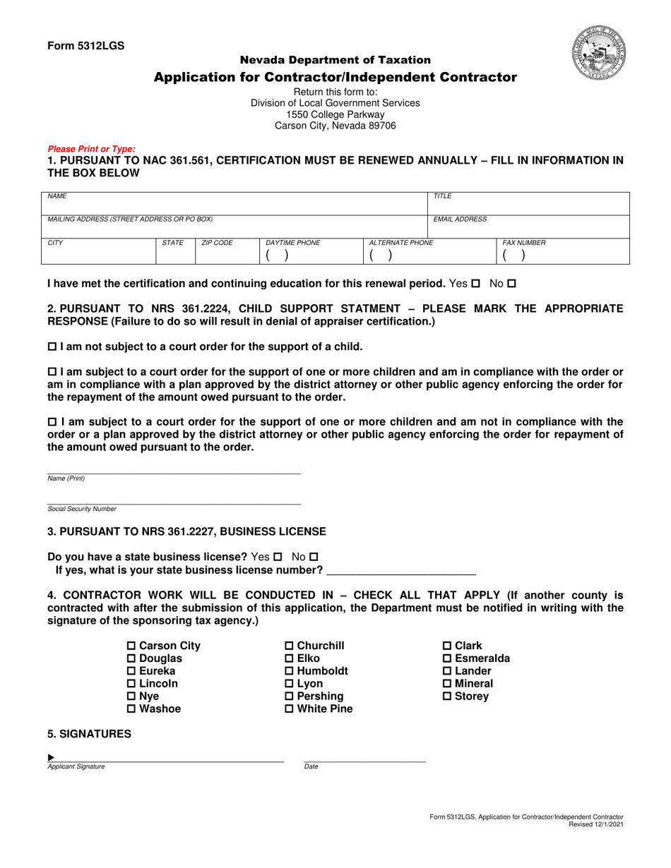 Form 5312LGS Application for Contractor / Independent Contractor - Nevada, Page 1