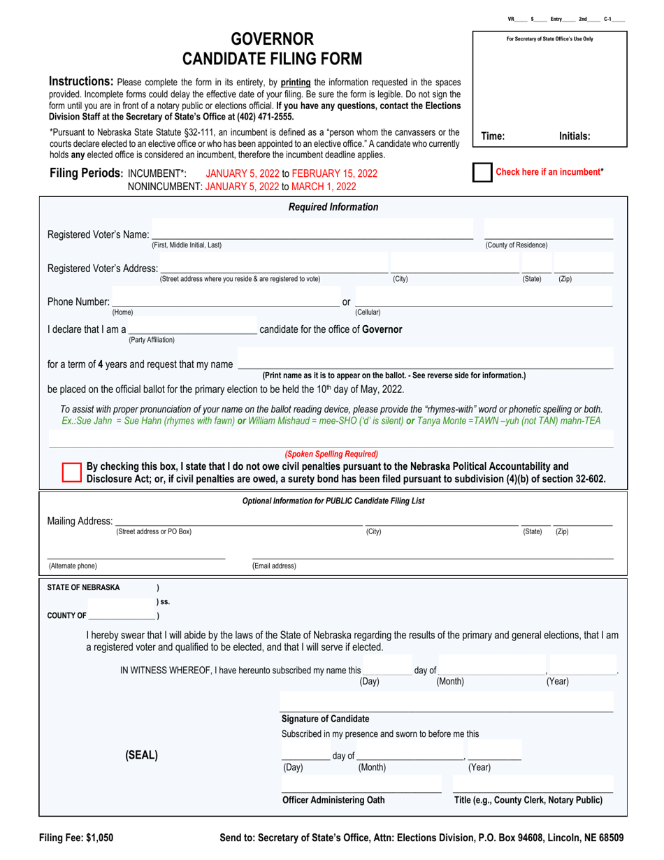 Governor Candidate Filing Form - Nebraska, Page 1