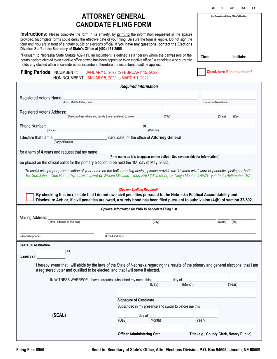 Attorney General Candidate Filing Form - Nebraska, Page 1