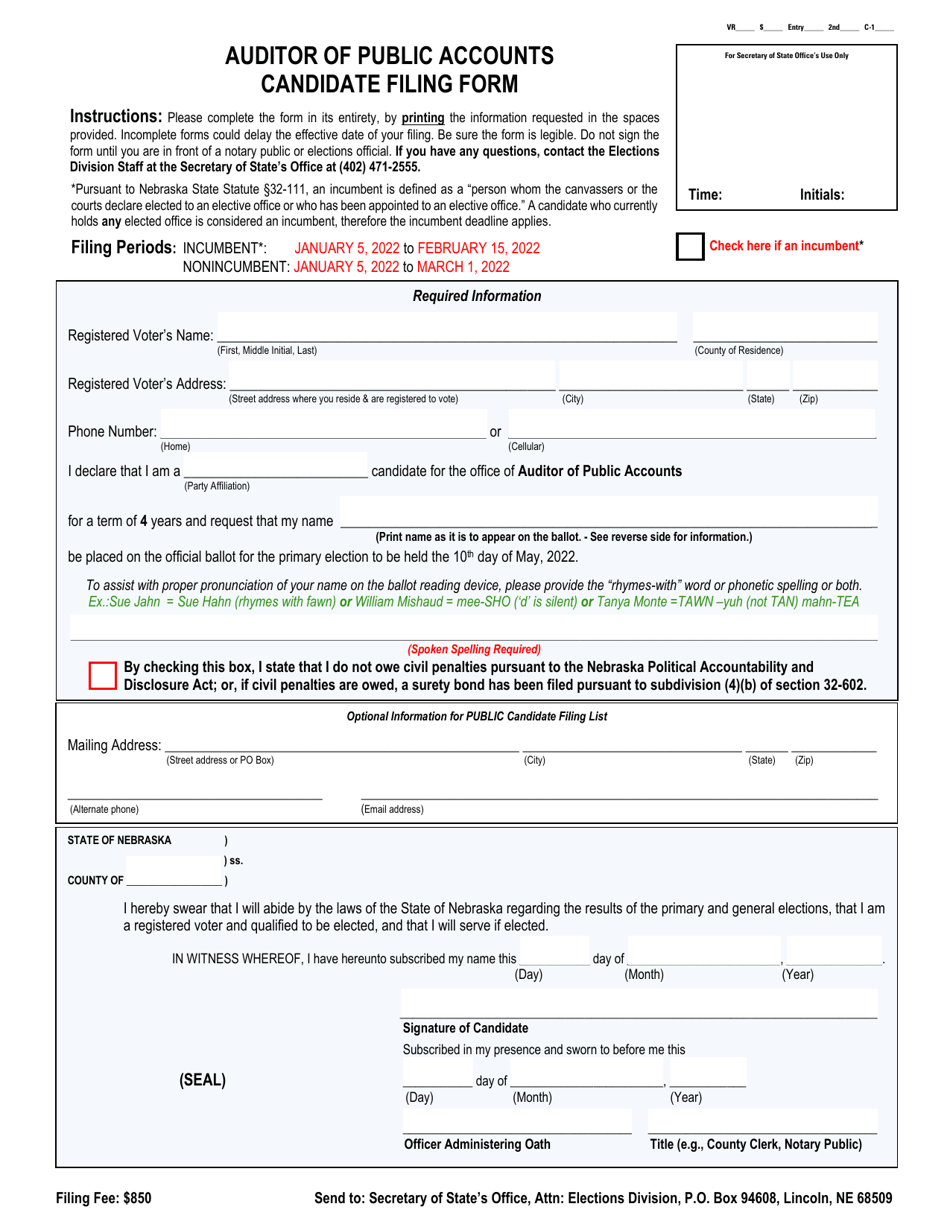 Auditor of Public Accounts Candidate Filing Form - Nebraska, Page 1