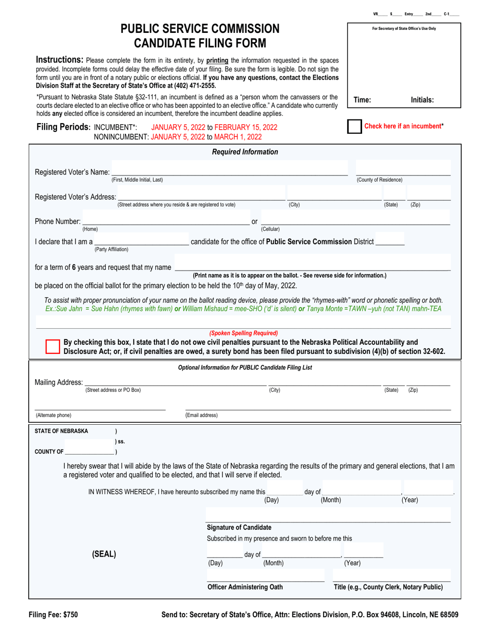Public Service Commission Candidate Filing Form - Nebraska, Page 1