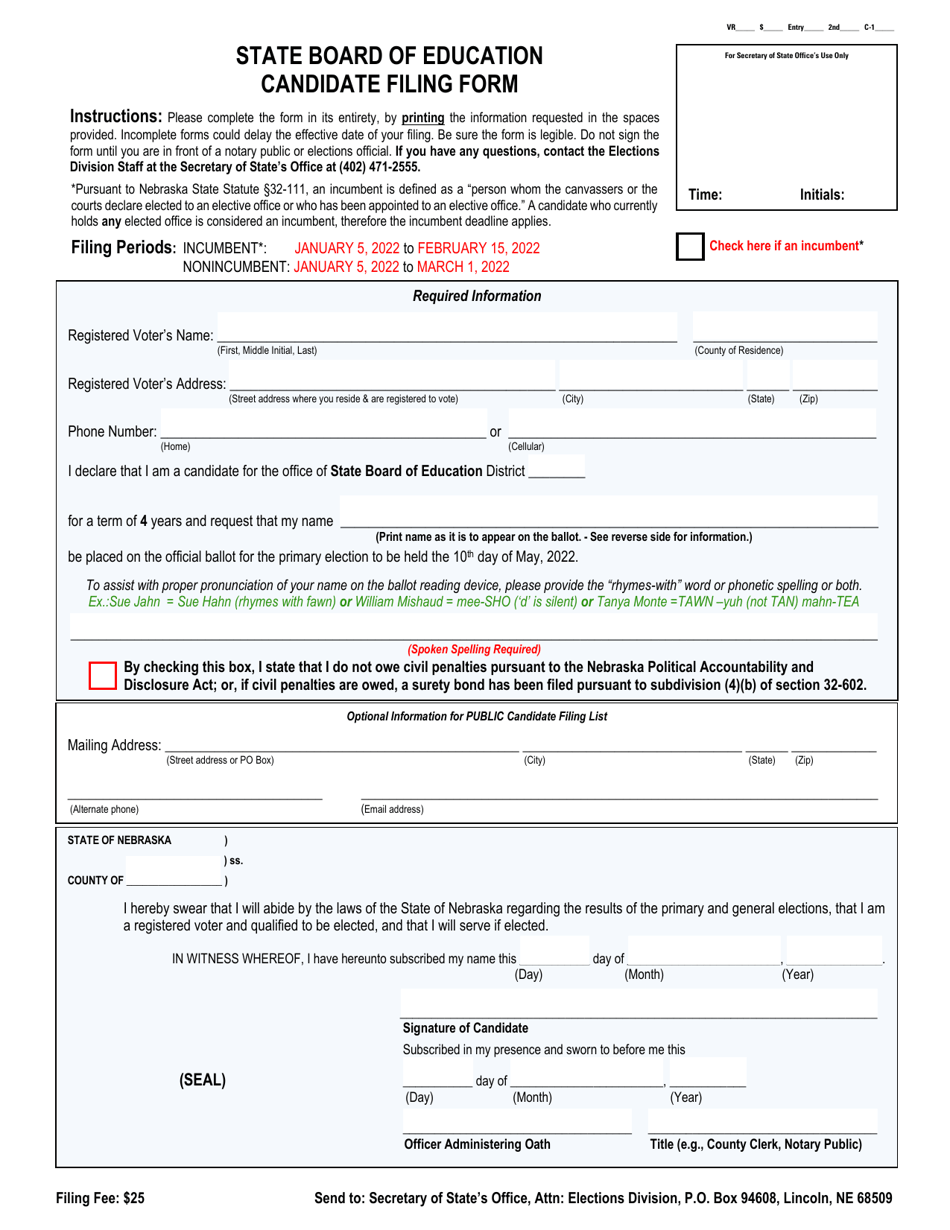 State Board of Education Candidate Filing Form - Nebraska, Page 1