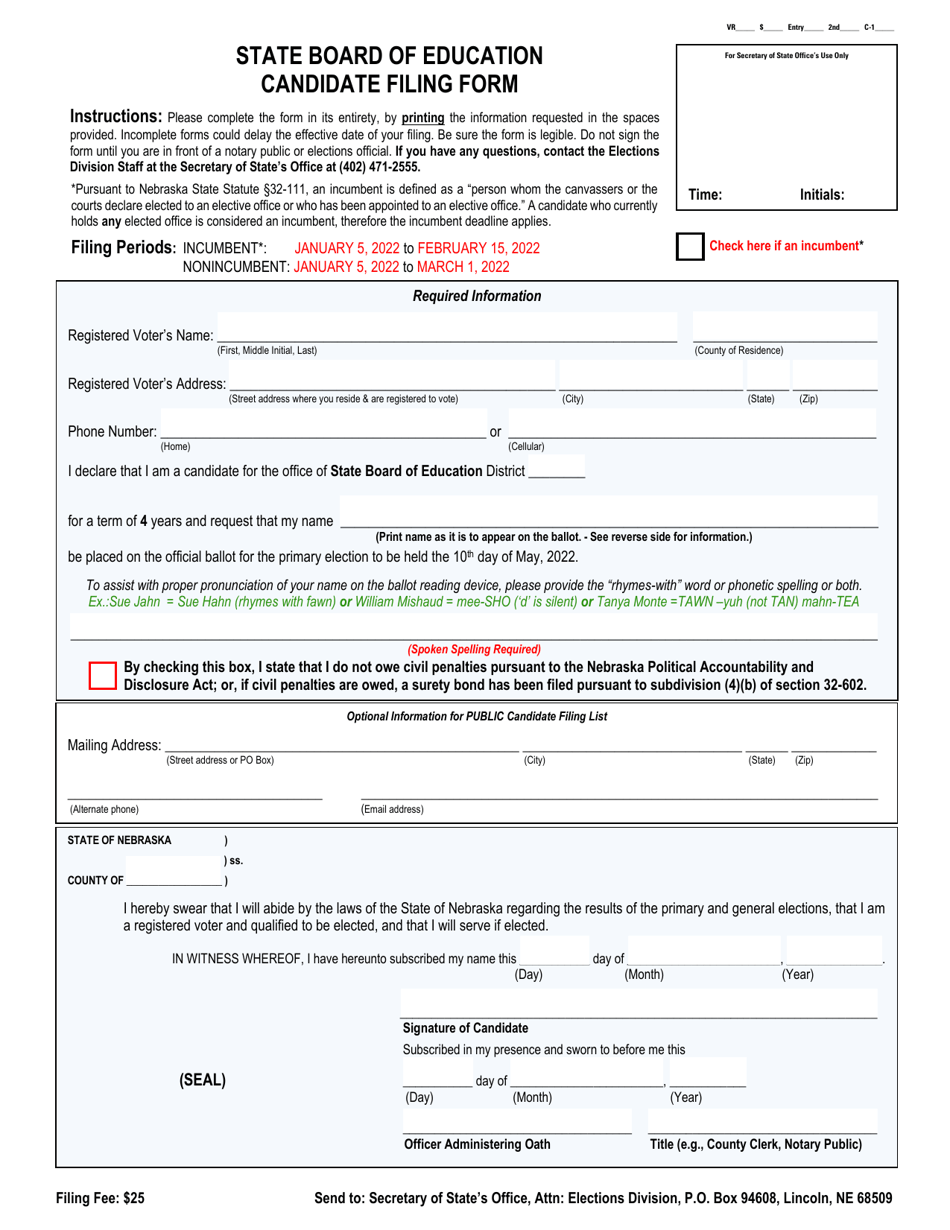 2022 Nebraska State Board of Education Candidate Filing Form Fill Out
