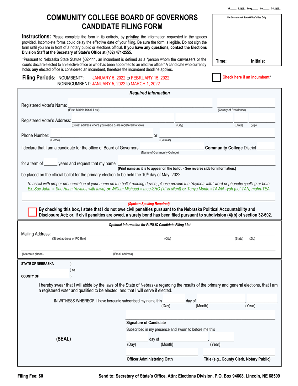 Community College Board of Governors Candidate Filing Form - Nebraska, Page 1