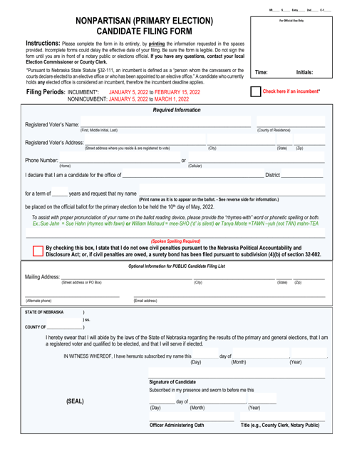Nonpartisan (Primary Election) Candidate Filing Form - Nebraska Download Pdf