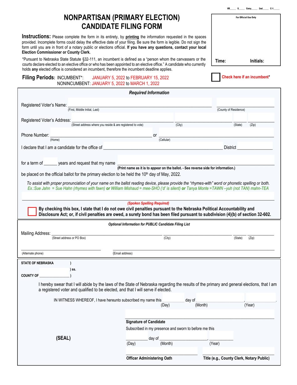 Nonpartisan (Primary Election) Candidate Filing Form - Nebraska, Page 1