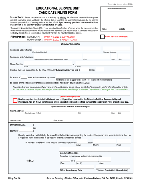 Educational Service Unit Candidate Filing Form - Nebraska Download Pdf