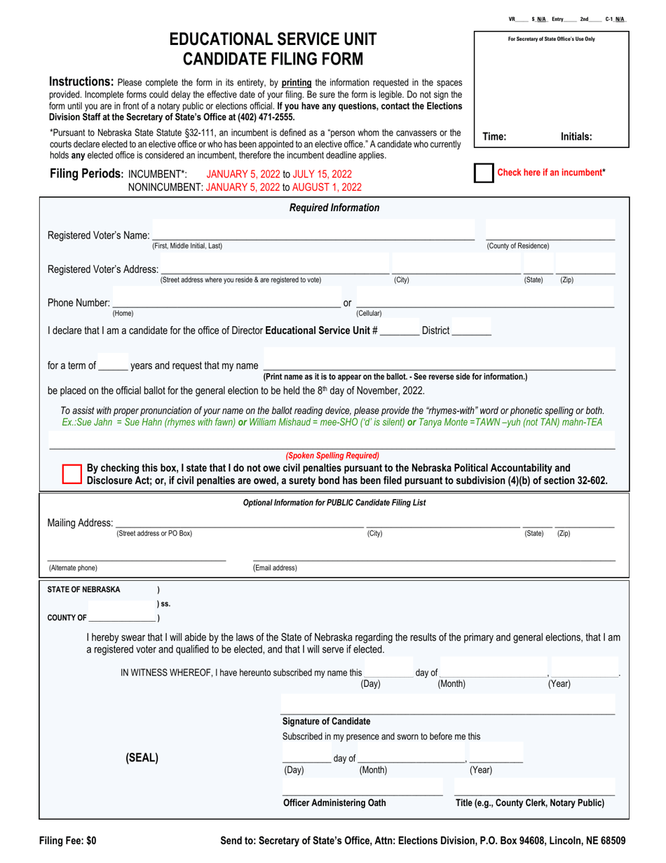 2022 Nebraska Educational Service Unit Candidate Filing Form Fill Out, Sign Online and