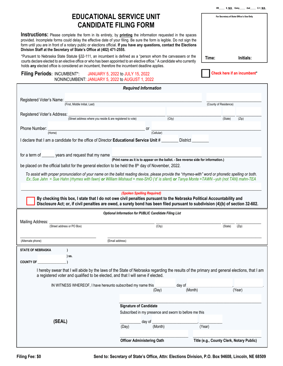 Educational Service Unit Candidate Filing Form - Nebraska, Page 1