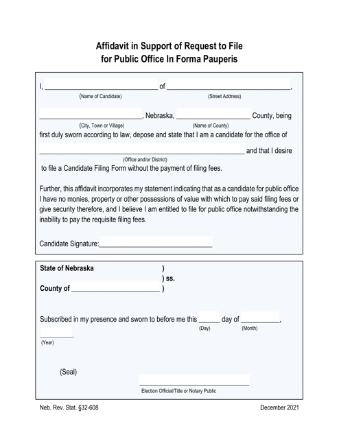 Affidavit in Support of Request to File for Public Office in Forma Pauperis - Nebraska Download Pdf