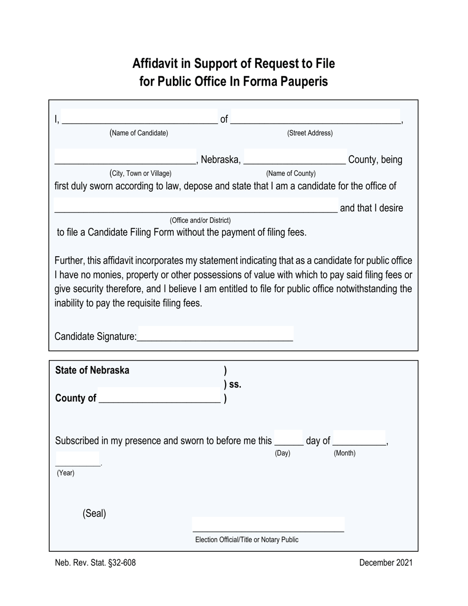 Nebraska Affidavit In Support Of Request To File For Public Office In   Affidavit In Support Of Request To File For Public Office In Forma Pauperis Nebraska Print Big 