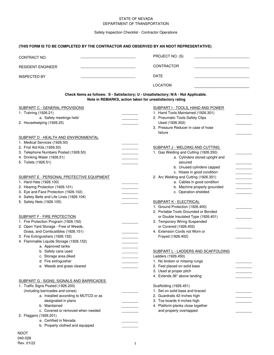 NDOT Form 040-028 Safety Inspection Checklist - Contractor Operations - Nevada, Page 1