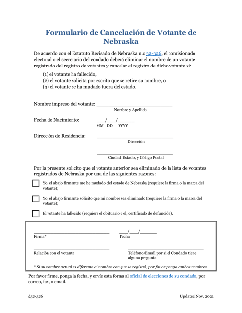 Formulario De Cancelacion De Votante De Nebraska - Nebraska (Spanish)