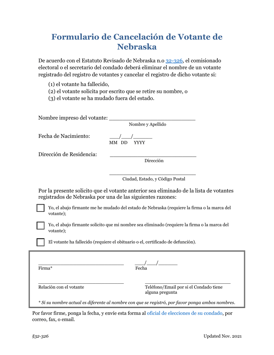 Formulario De Cancelacion De Votante De Nebraska - Nebraska (Spanish), Page 1