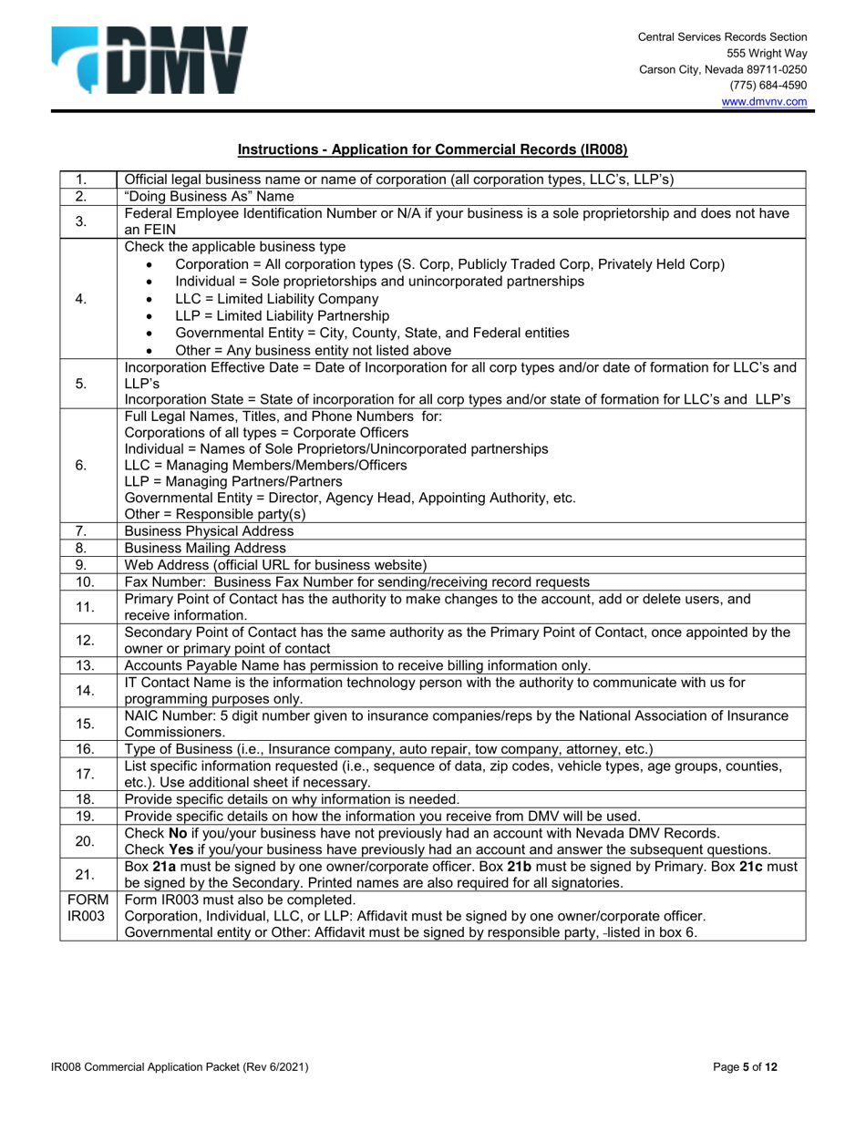 Form IR008 Application for Commercial Records - Nevada, Page 5