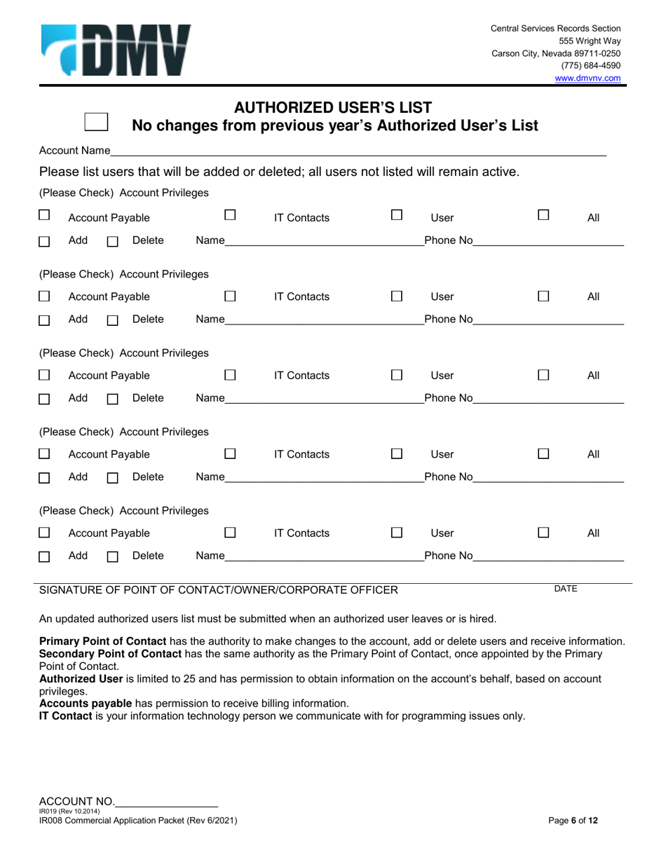 Form IR008 Application for Commercial Records - Nevada, Page 6