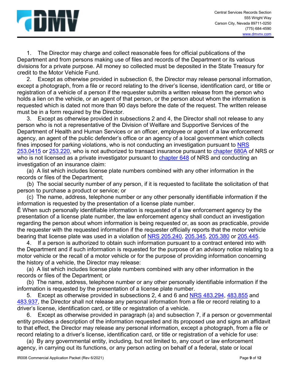 Form IR008 Application for Commercial Records - Nevada, Page 9
