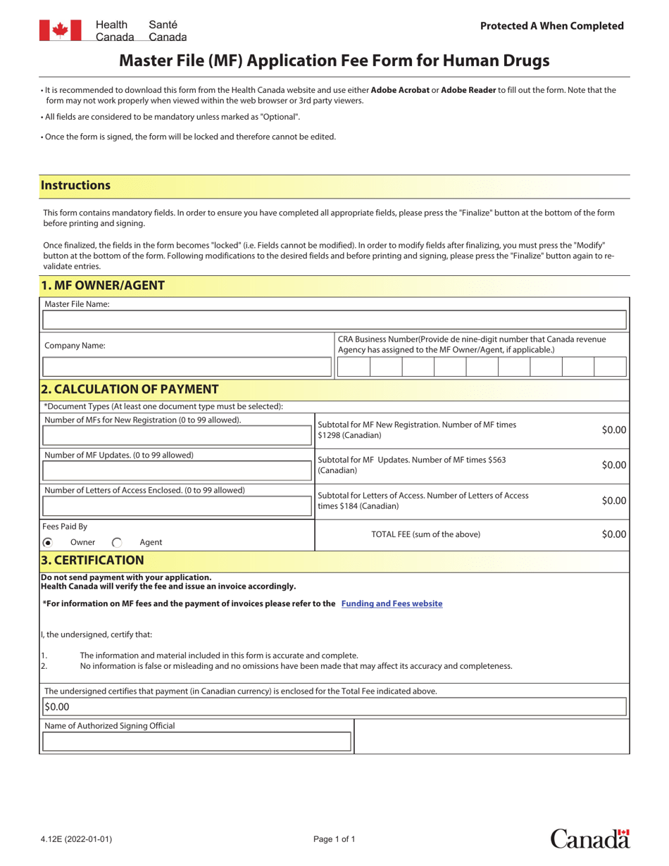 Form 4.12E Master File (Mf) Application Fee Form for Human Drugs - Canada, Page 1