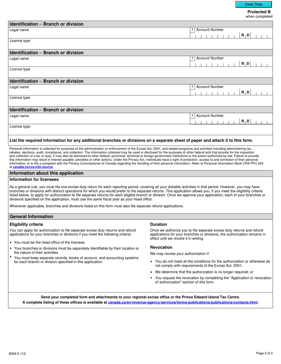 Form B269 Application or Revocation of the Authorization to File Separate Excise Duty Returns and Refund Applications for Branches or Divisions - Canada, Page 2