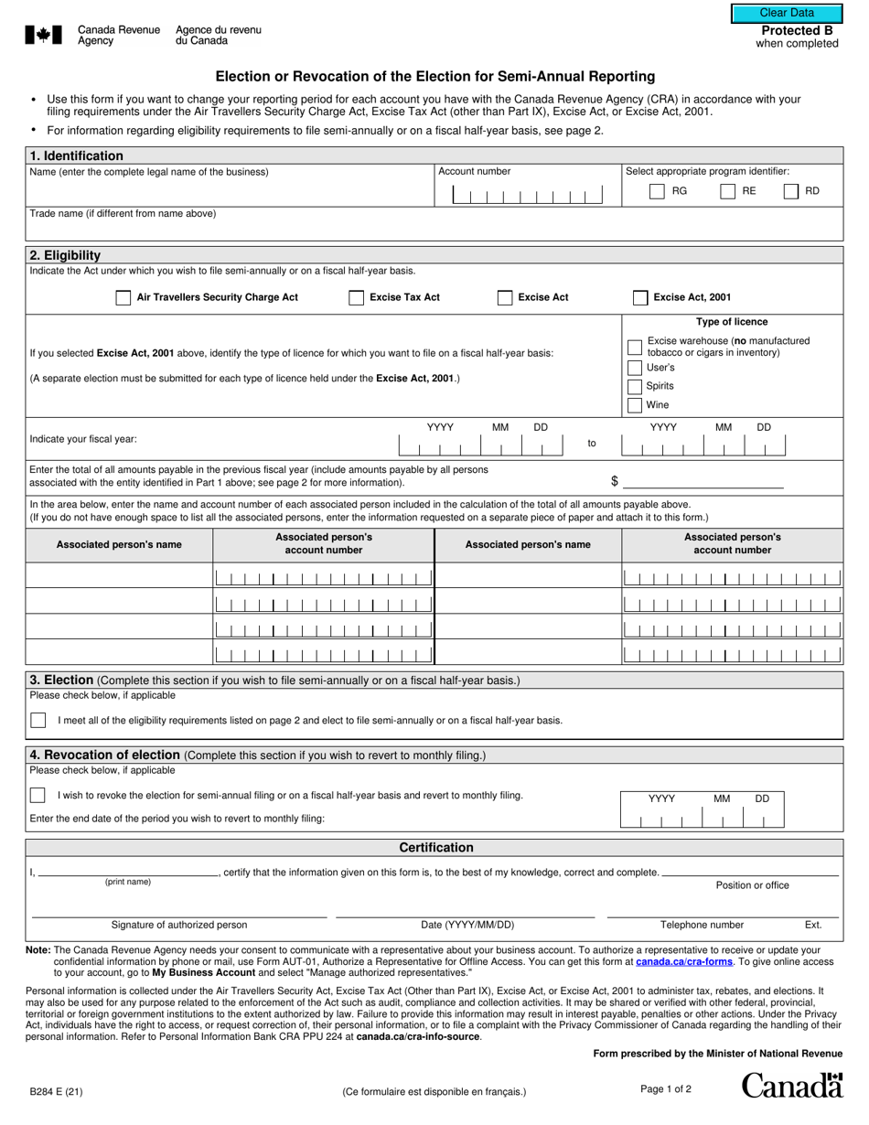 Form B284 Election or Revocation of the Election for Semi-annual Reporting - Canada, Page 1