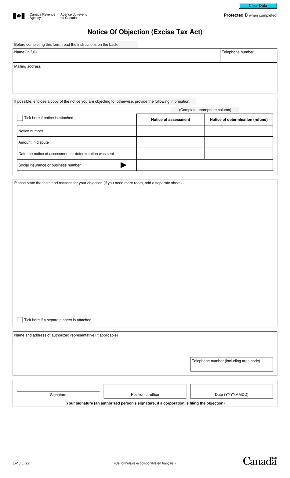 Form E413 Notice of Objection (Excise Tax Act) - Canada, Page 1
