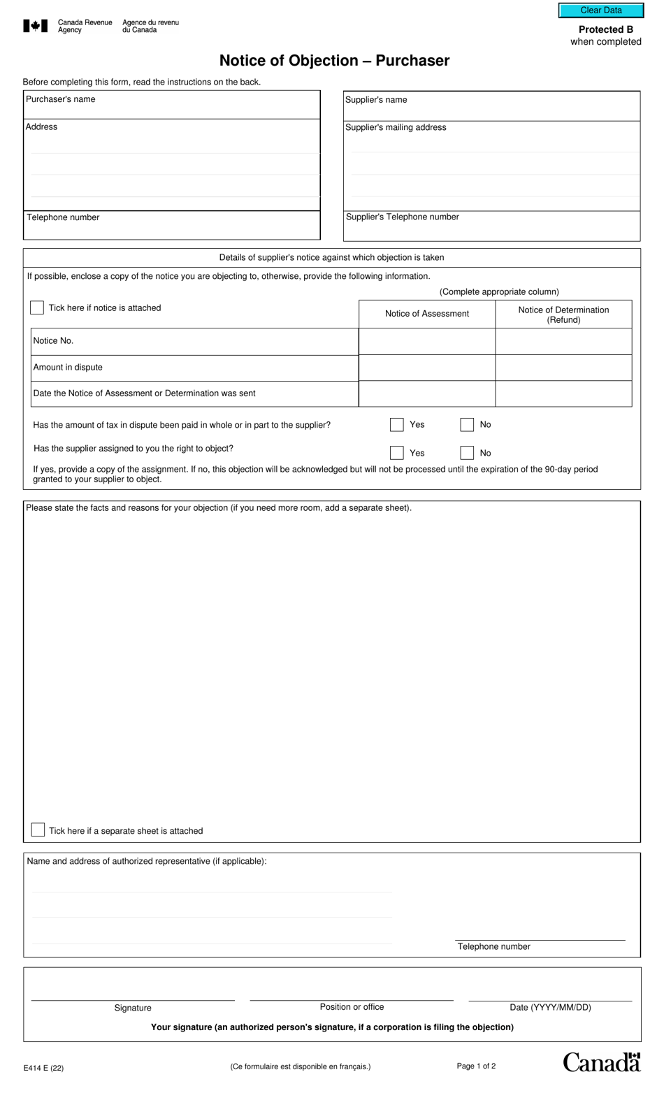 Form E414 Notice of Objection - Purchaser - Canada, Page 1