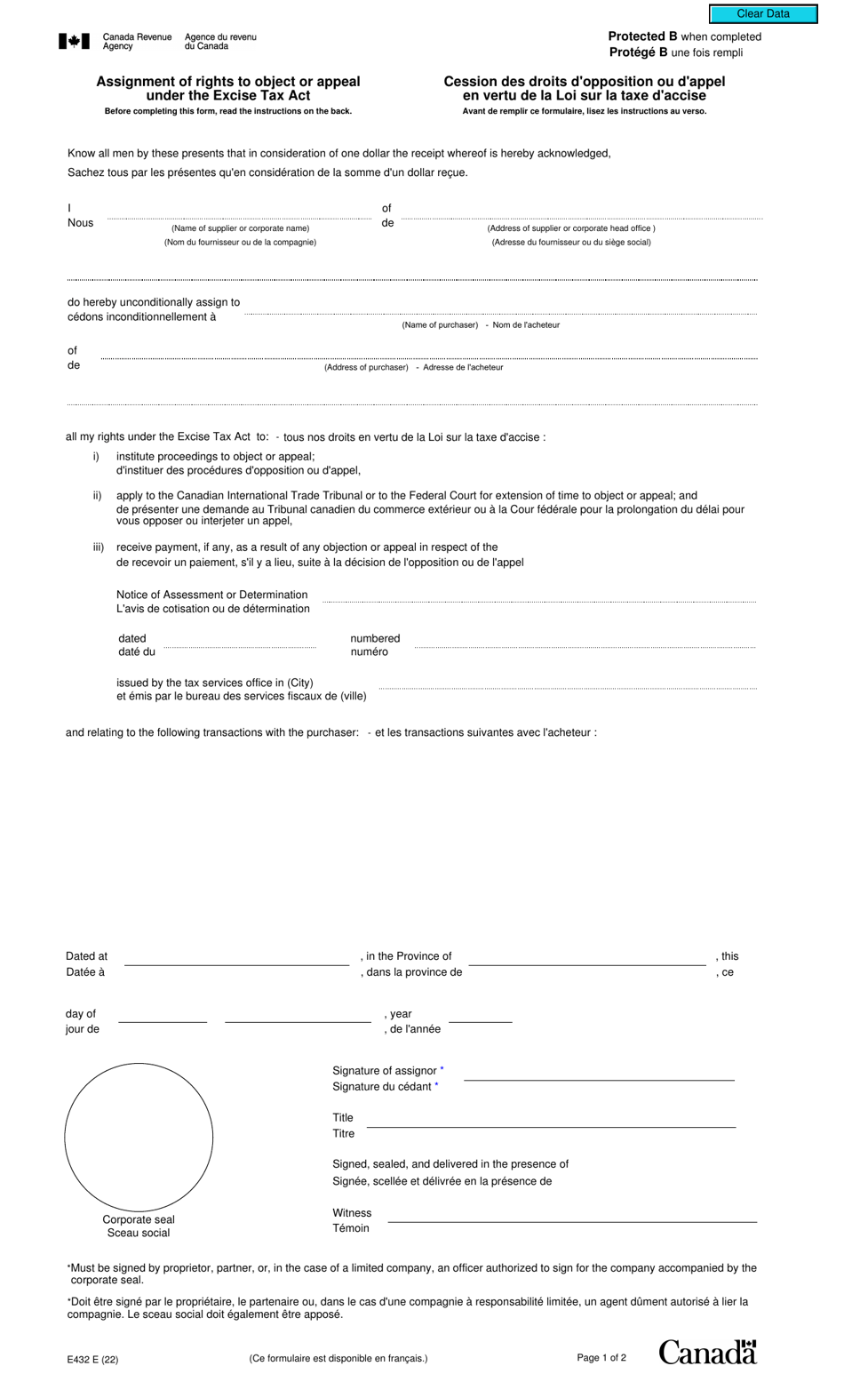 Form E432 Assignment of Rights to Object or Appeal Under the Excise Tax Act - Canada (English / French), Page 1