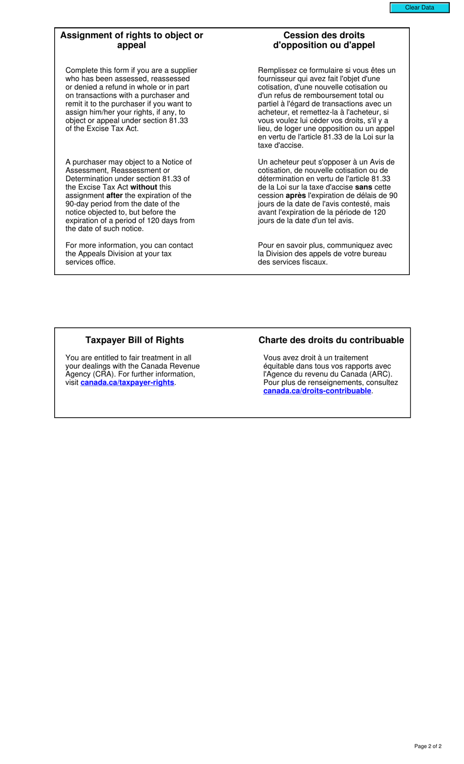 Form E432 Assignment of Rights to Object or Appeal Under the Excise Tax Act - Canada (English / French), Page 2