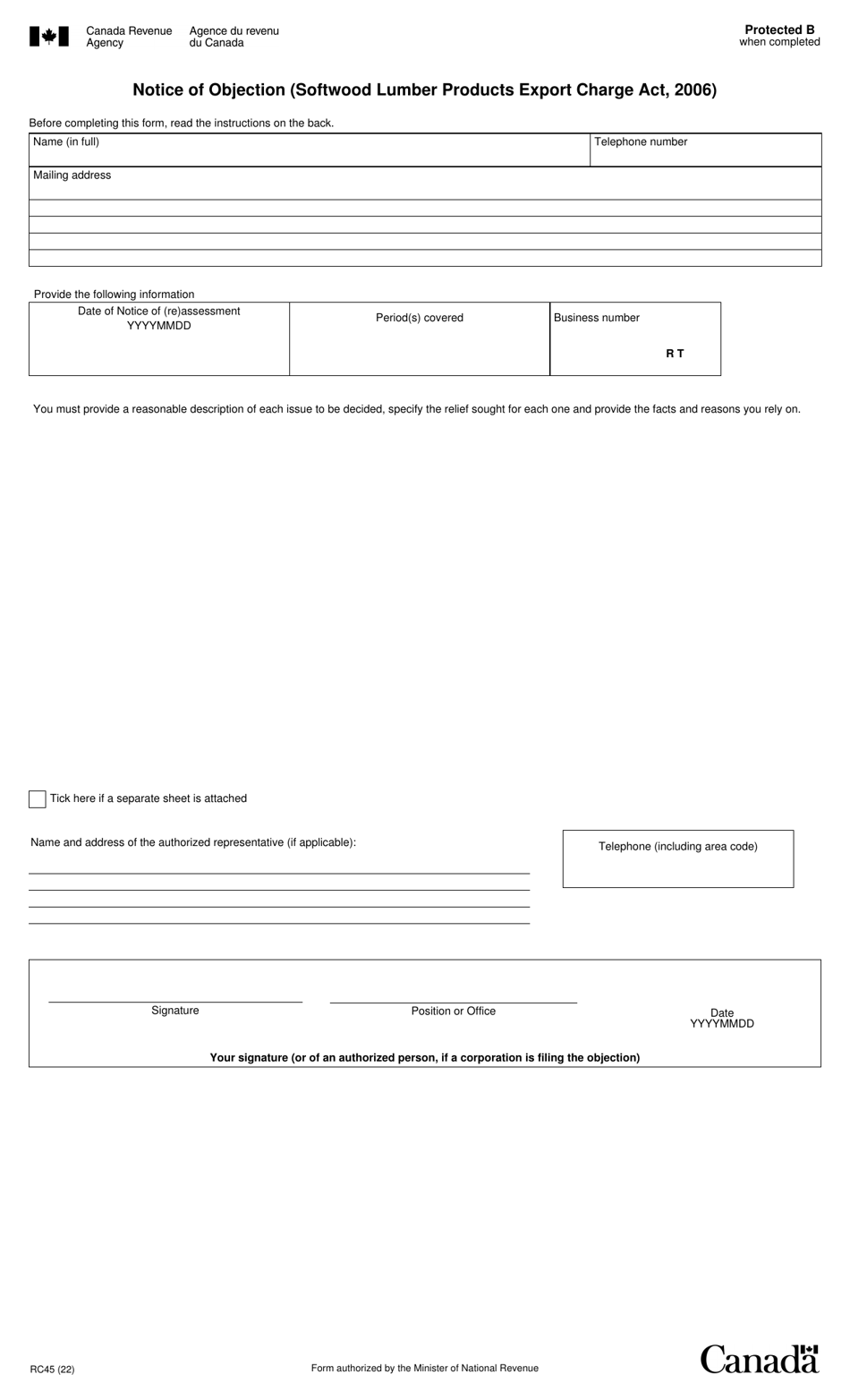 Form RC45 Notice of Objection (Softwood Lumber Products Export Charge Act, 2006) - Canada, Page 1