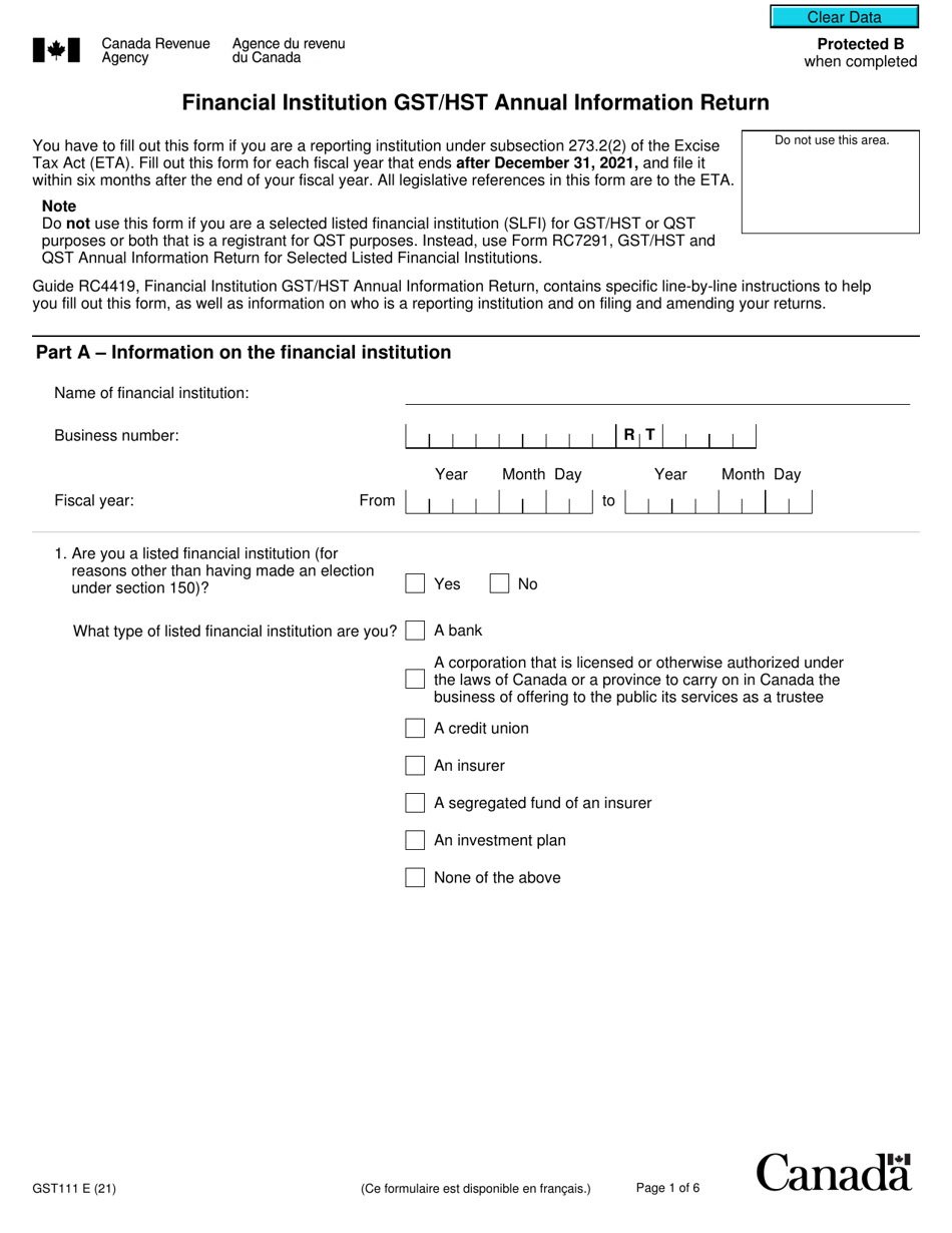 Form GST111 Financial Institution Gst / Hst Annual Information Return - Canada, Page 1