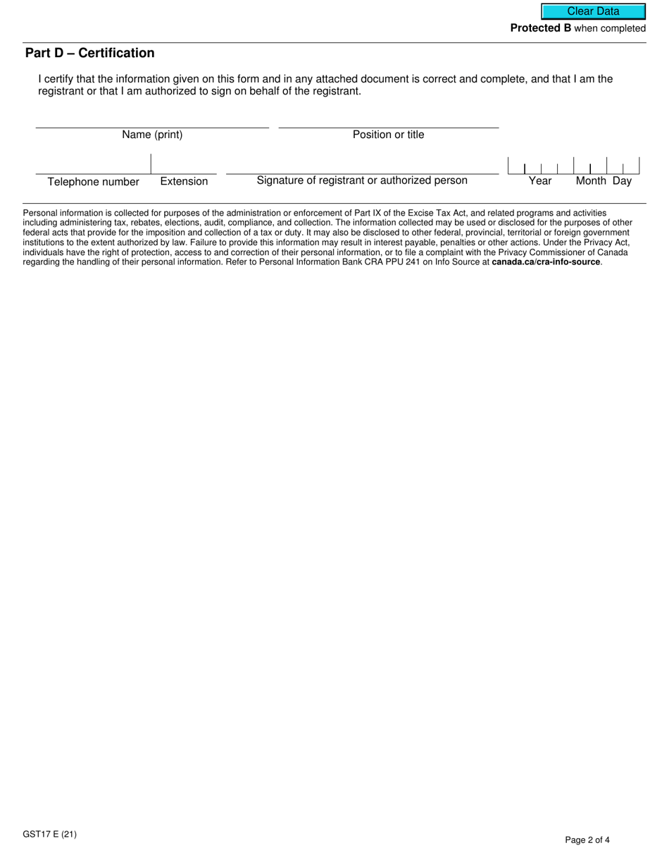 Form GST17 Election Concerning the Provision of a Residence or Lodging at a Remote Work Site - Canada, Page 2