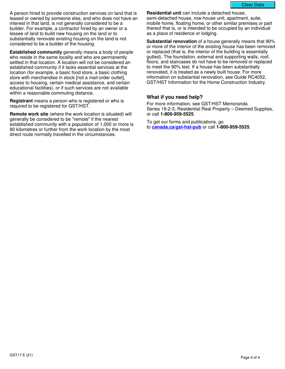 Form GST17 Election Concerning the Provision of a Residence or Lodging at a Remote Work Site - Canada, Page 4