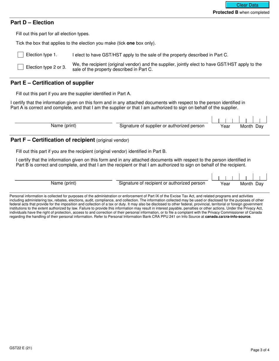 Form GST22 Real Property Election to Make Certain Sales Taxable - Canada, Page 3