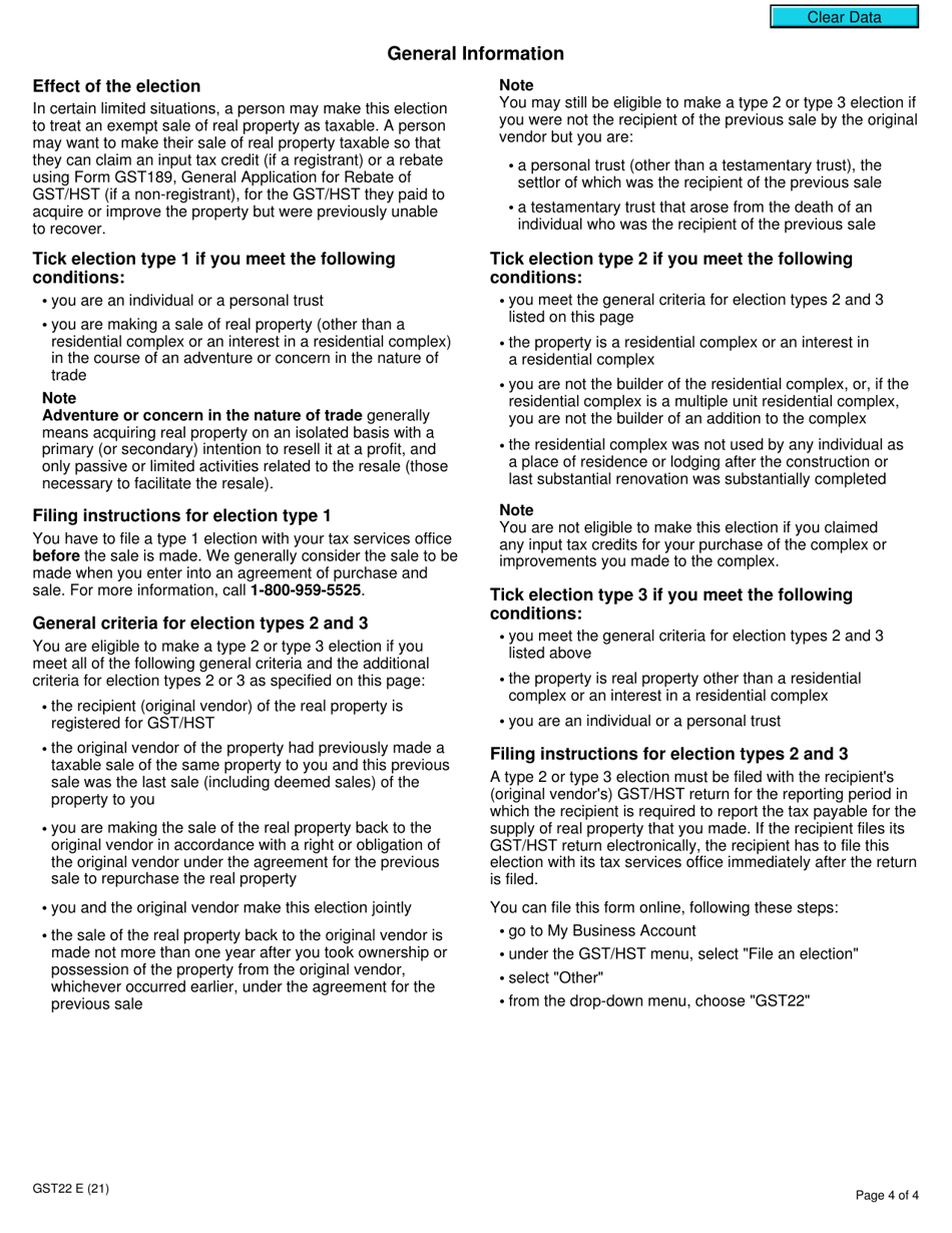 Form GST22 Real Property Election to Make Certain Sales Taxable - Canada, Page 4