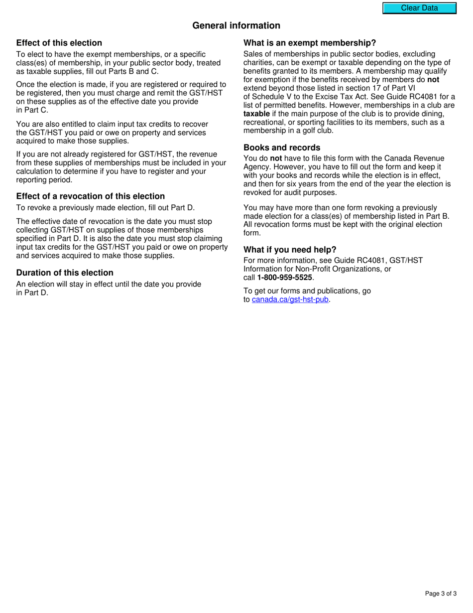Form GST23 Election and Revocation of the Election by a Public Sector Body (Other Than a Charity) to Have Its Exempt Memberships Treated as Taxable Supplies - Canada, Page 3