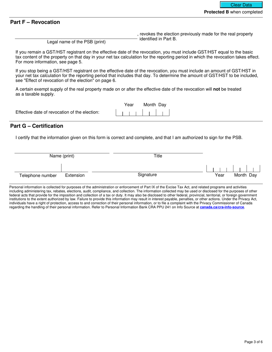 Form GST26 Election or Revocation of an Election by a Public Service Body to Have an Exempt Supply of Real Property Treated as a Taxable Supply - Canada, Page 3