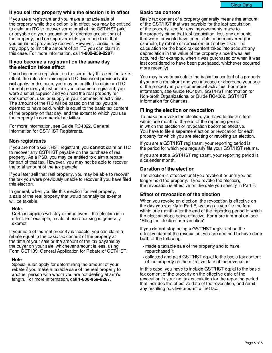 Form GST26 Election or Revocation of an Election by a Public Service Body to Have an Exempt Supply of Real Property Treated as a Taxable Supply - Canada, Page 5