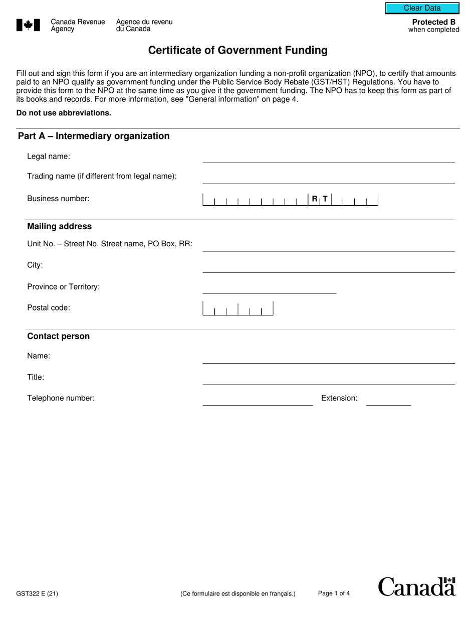 Form GST322 Certificate of Government Funding - Canada, Page 1