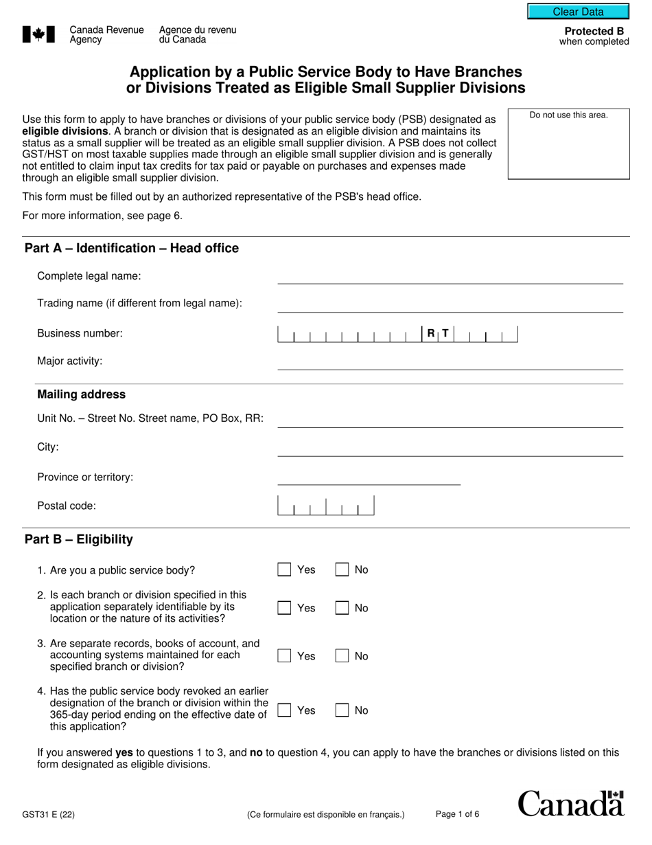 Form GST31 Application by a Public Service Body to Have Branches or Divisions Treated as Eligible Small Supplier Divisions - Canada, Page 1