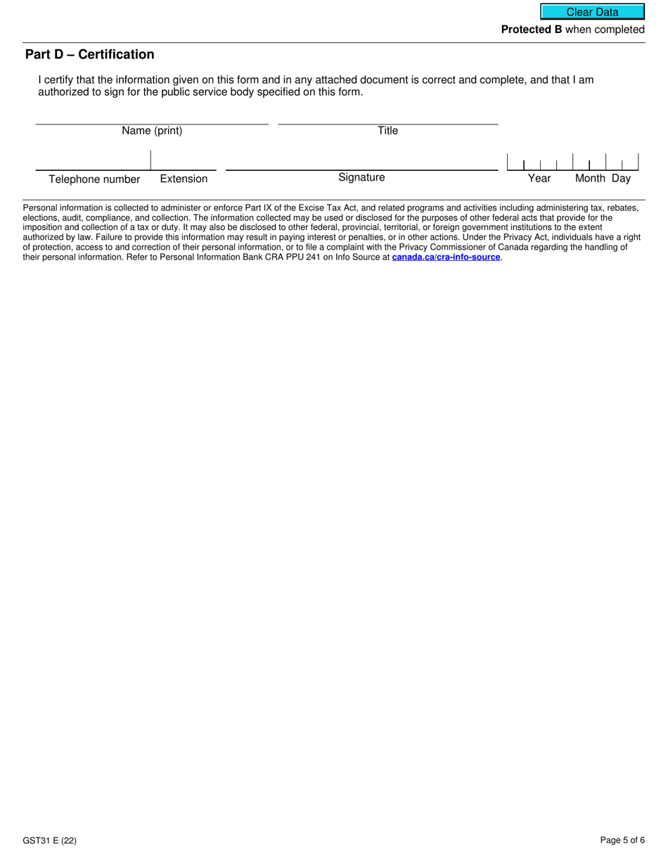 Form GST31 Application by a Public Service Body to Have Branches or Divisions Treated as Eligible Small Supplier Divisions - Canada, Page 5