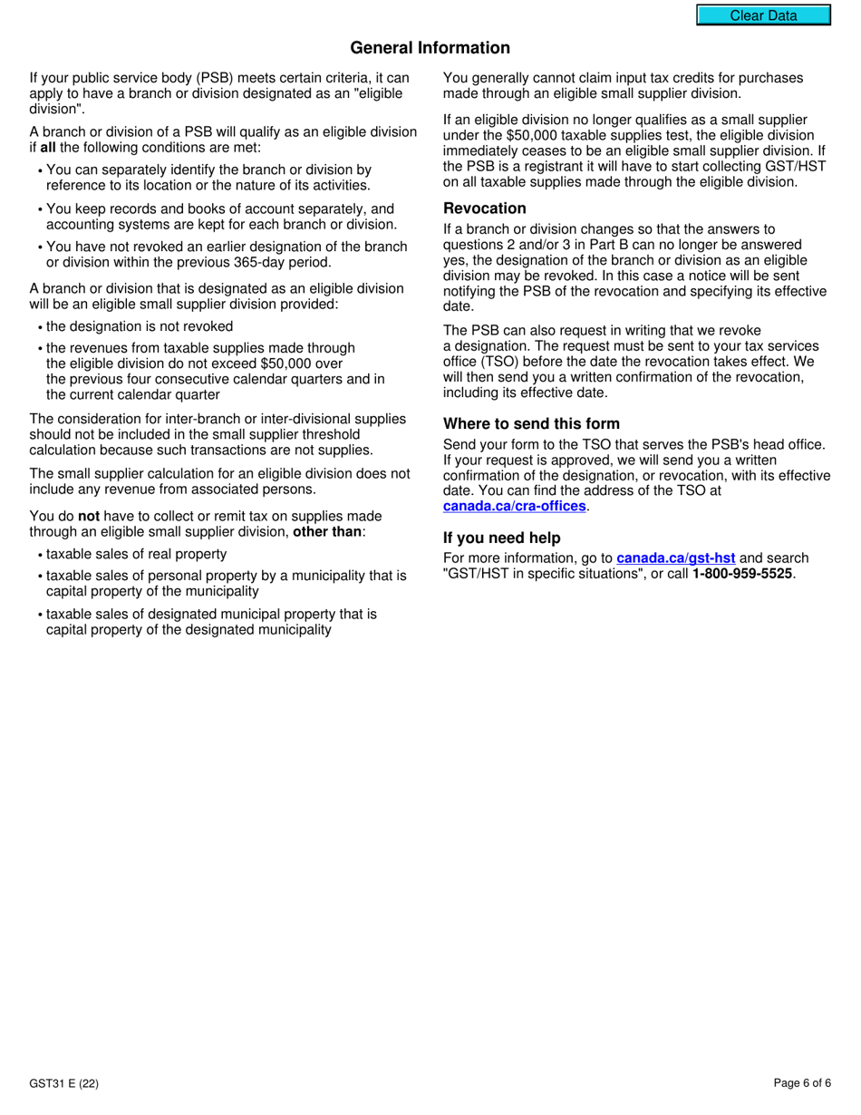 Form GST31 Application by a Public Service Body to Have Branches or Divisions Treated as Eligible Small Supplier Divisions - Canada, Page 6
