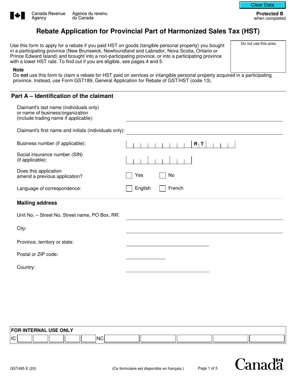 Form GST495 Rebate Application for Provincial Part of Harmonized Sales Tax (Hst) - Canada, Page 1