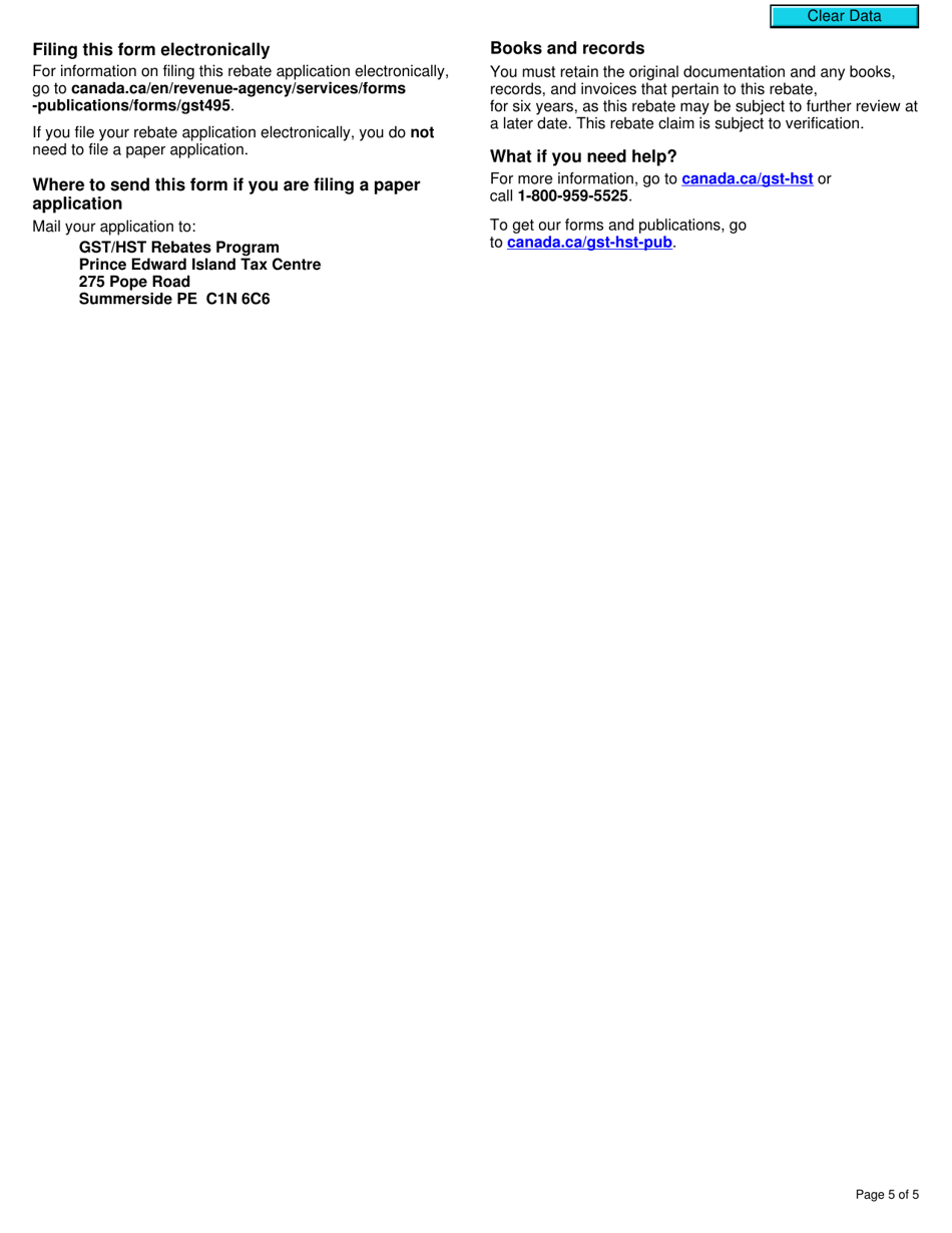 Form GST495 Rebate Application for Provincial Part of Harmonized Sales Tax (Hst) - Canada, Page 5