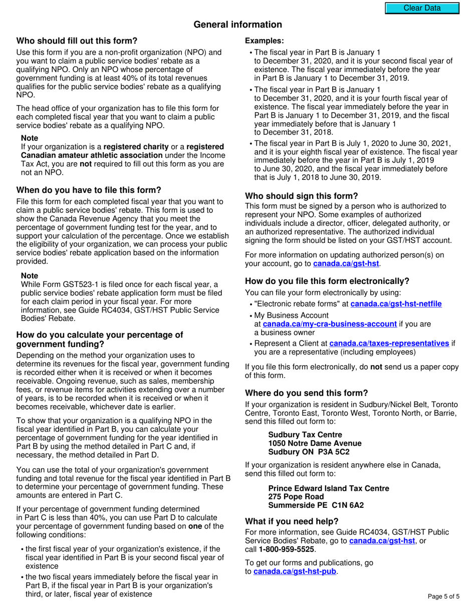 Form GST523-1 Non-profit Organizations - Government Funding - Canada, Page 5