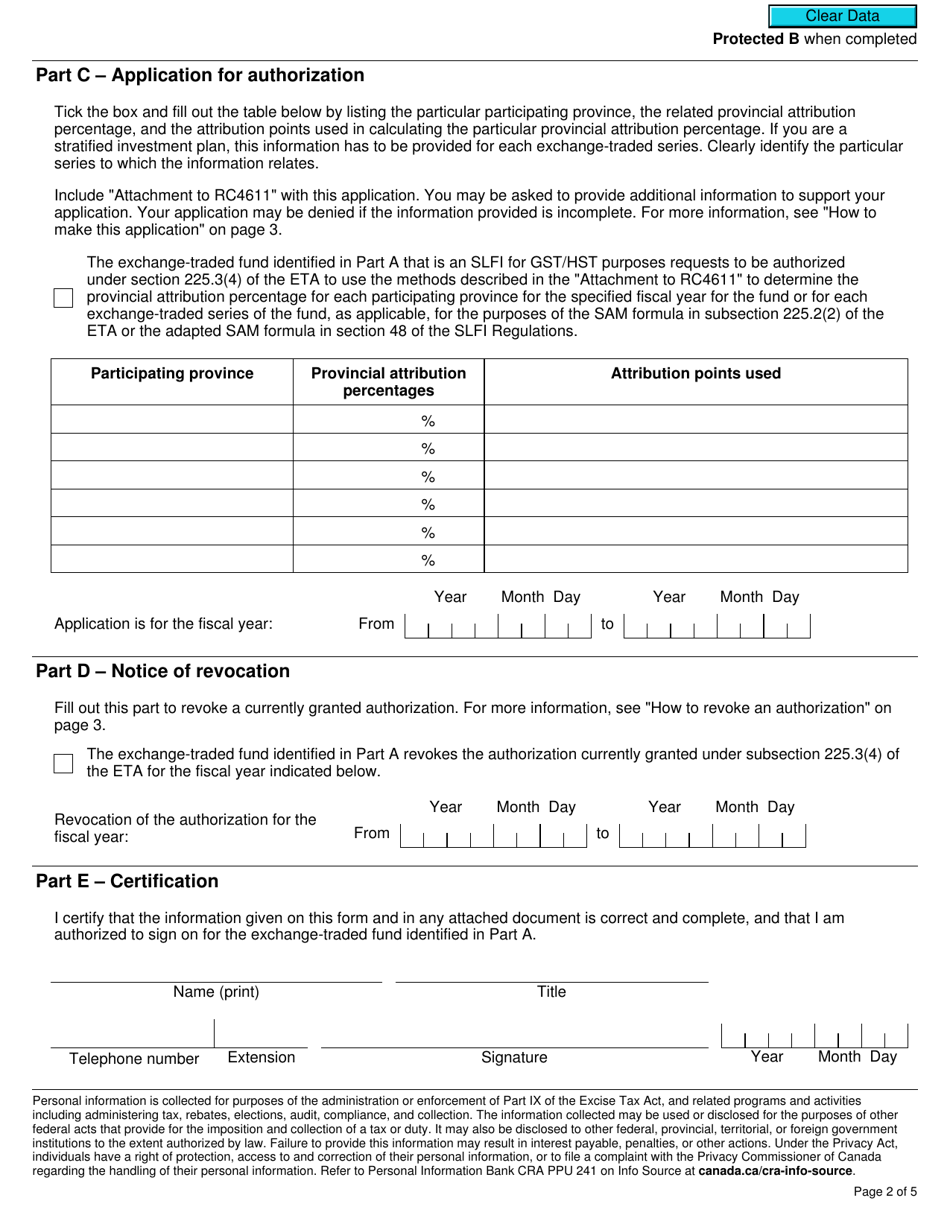 Form RC4611 Gst / Hst Application for Authorization or Revocation for an Exchange-Traded Fund to Use Particular Methods to Determine Its Provincial Attribution Percentages - Canada, Page 2