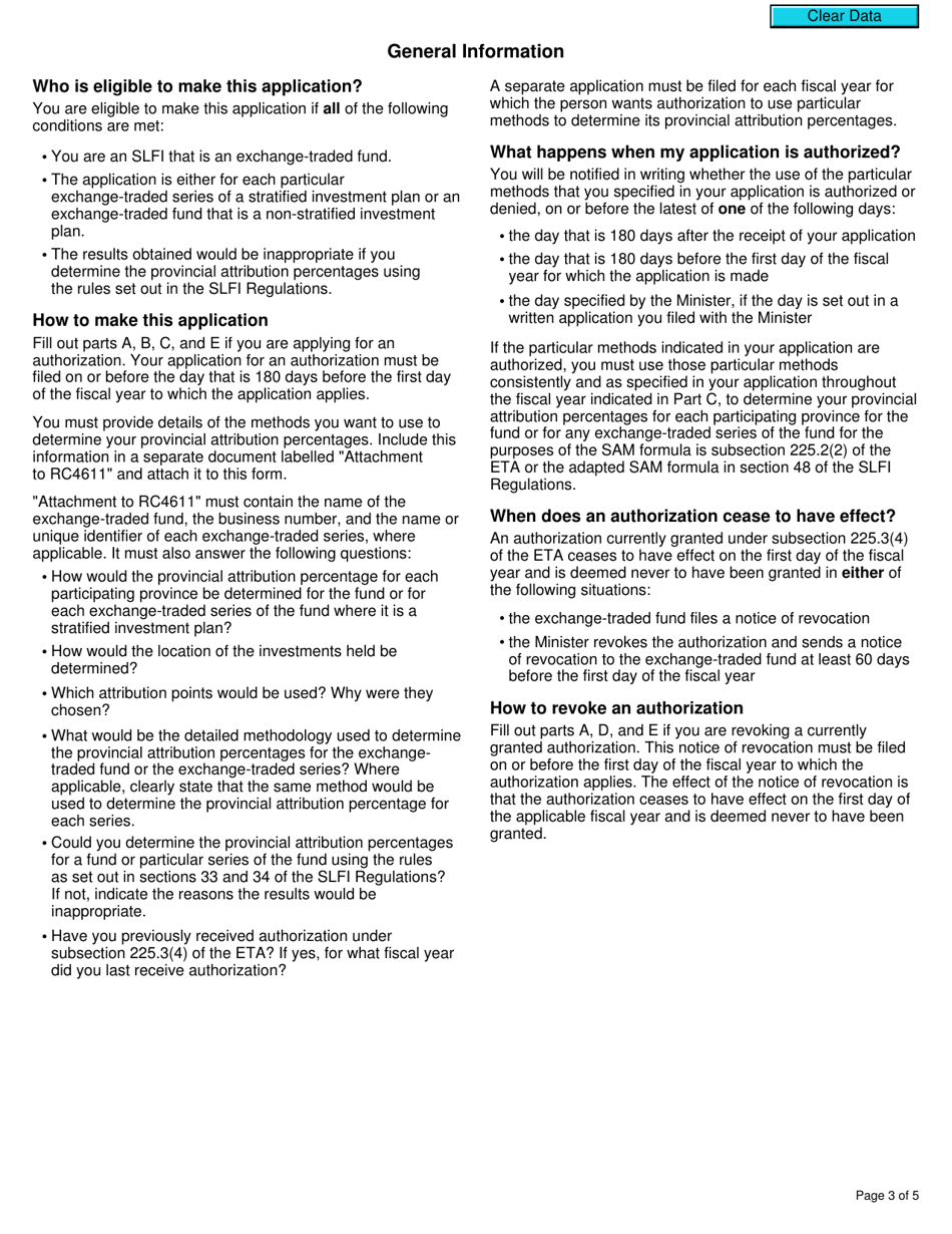 Form RC4611 Gst / Hst Application for Authorization or Revocation for an Exchange-Traded Fund to Use Particular Methods to Determine Its Provincial Attribution Percentages - Canada, Page 3