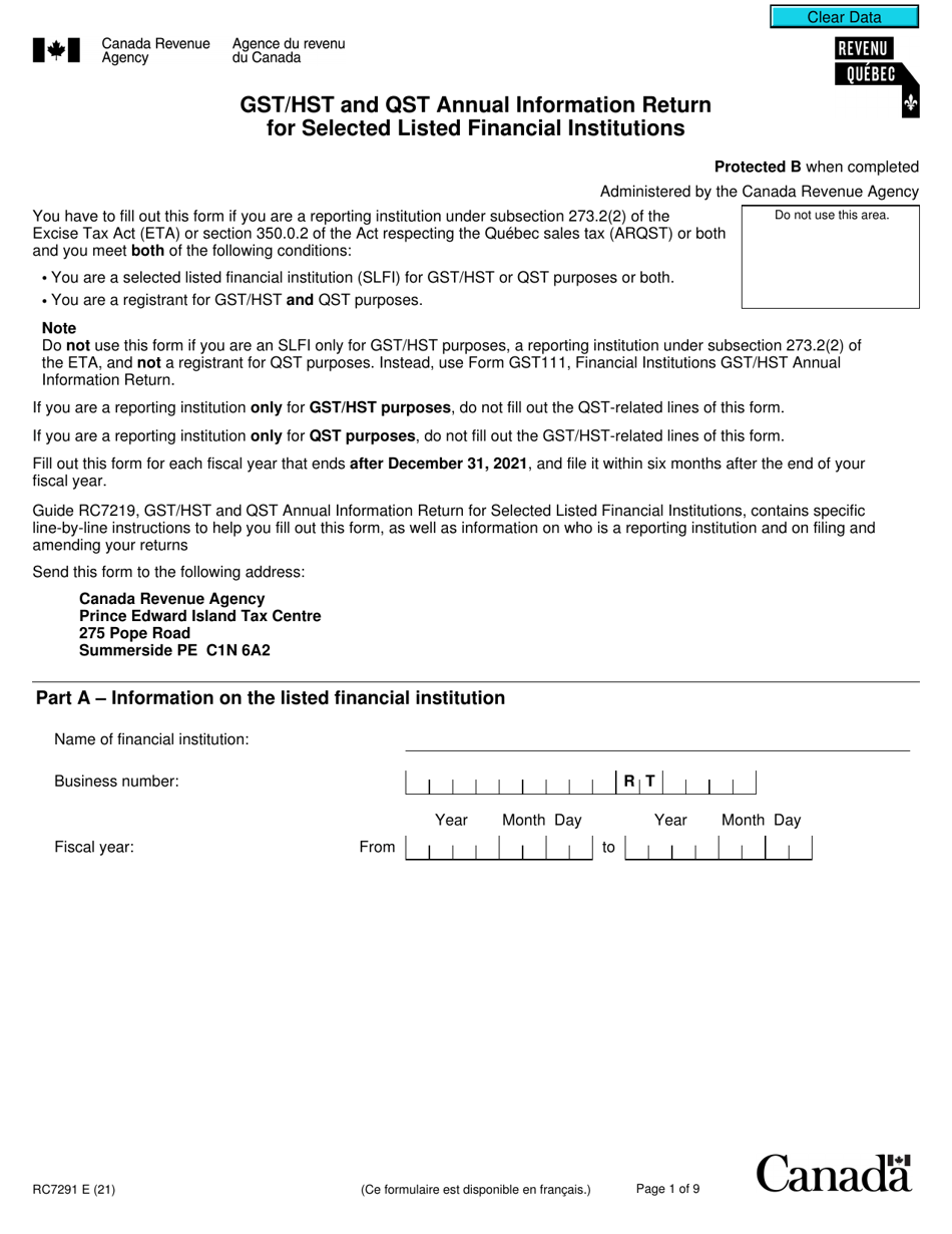 Form RC7291 Download Fillable PDF or Fill Online Gst/Hst and Qst Annual