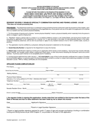 Resident Application for Severely Disabled Hunting and/or Fishing License - Nevada